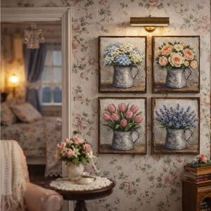4 mini dollhouse Floral Wall Art Set Rustic farmhouse handmade 1-1/2” x 1-1/8”ea